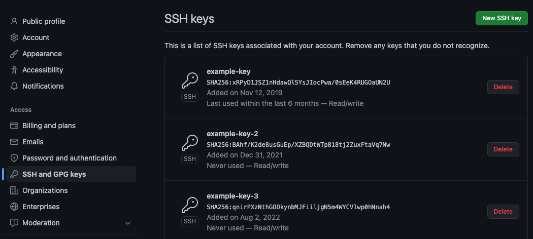 GitHub SSH and GPG keys page